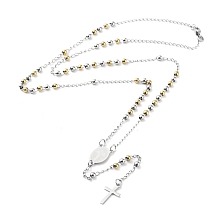 Honeyhandy Non-Tarnish 202 Stainless Steel Rosary Bead Necklaces, Cross Pendant Necklaces, Stainless Steel Color, 20-3/8 inch(51.9cm)