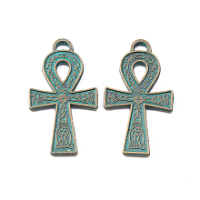 Honeyhandy Tibetan Style Alloy Pendants, Ankh Cross Charms, Golden & Green Patina, 37x21x2mm