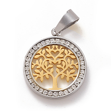 Honeyhandy 304 Stainless Steel Pendants, with Crystal Rhinestone, Flat Round with Tree, Golden & Stainless Steel Color, 28x24x3mm, Hole: 5x8mm