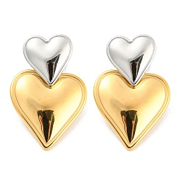 Honeyhandy 304 Stainless Steel Double Heart Dangle Stud Earrings for Women, Golden & Stainless Steel Color, 32.5x20mm