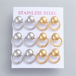 Honeyhandy 304 Stainless Steel Dangle Stud Earrings, with Ear Nuts, Ball with Ring, Golden & Stainless Steel Color, 17x14mm, Pin: 0.7mm, 6pairs/card