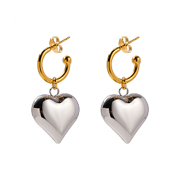 Honeyhandy Ion Plating(IP) 304 Stainless Steel Heart Dangle Stud Earrings, Half Hoop Earrings, Golden & Stainless Steel Color, 37x20mm