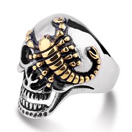 Honeyhandy Two Tone 316L Surgical Stainless Steel Skull with Scorpion Finger Ring, Gothic Punk Jewelry for Men Women, Golden & Stainless Steel Color, US Size 11(20.6mm)