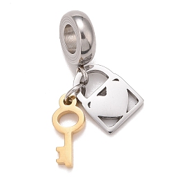 Honeyhandy 304 Stainless Steel European Dangle Charms, Large Hole Pendants, Key & Lock, Golden & Stainless Steel Color, 27.5mm, Hole: 4.5mm, Key: 12x5x1.5mm, Lock: 11x8x1.5mm