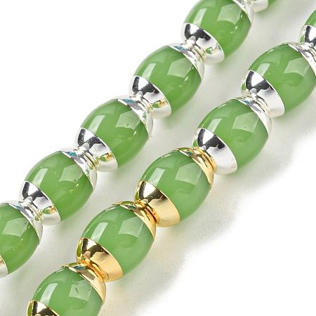 Glass Beads, with Golden/Platinum Tone Brass Ends, Oval, Green, 8x6mm, Hole: 1.2mm, about 50pcs/strand, 15.94 inch(40.5cm)