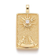 Honeyhandy Brass Micro Pave Clear Cubic Zirconia Pendants, Real 18K Gold Plated, Tarot Card Charms, The Moon, The Moon XVIII, 30x15x4mm, Hole: 3~4mm