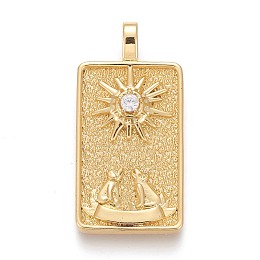 Honeyhandy Brass Micro Pave Clear Cubic Zirconia Pendants, Real 18K Gold Plated, Tarot Card Charms, The Moon, The Moon XVIII, 30x15x4mm, Hole: 3~4mm