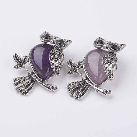Honeyhandy Natural Amethyst Pendants, with Alloy Finding, Owl, Antique Silver, 46.5x35.5x11.5mm, Hole: 6x8.5mm