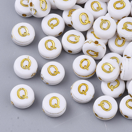 Honeyhandy Plating Acrylic Beads, Golden Metal Enlaced, Horizontal Hole, Flat Round with Alphabet, White, Letter.Q, 7x3.5mm, Hole: 1.2mm, about 360pcs/50g