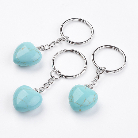 Honeyhandy Synthetic Turquoise Keychain, with Platinum Iron Findings, Heart, 72mm