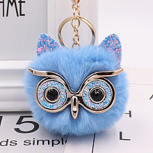 Honeyhandy Pom Pom Ball Keychain, with KC Gold Tone Plated Alloy Lobster Claw Clasps, Iron Key Ring and Chain, Owl, Cornflower Blue, 12cm