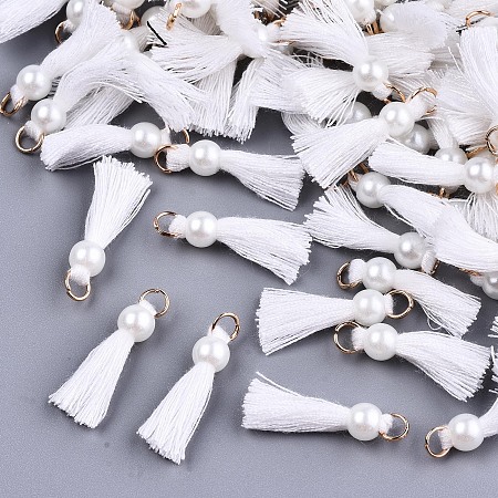 Honeyhandy Polycotton(Polyester Cotton) Tassel Pendant Decorations, Mini Tassel, with Golden Tone Iron Findings and ABS Plastic Imitation Pearl, White, Light Gold, 23mm, Jump ring: 5x0.8mm, 3.4mm inner diameter