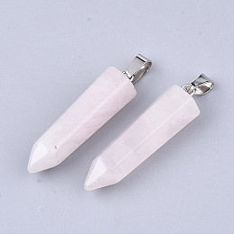 Honeyhandy Natural Rose Quartz Point Pendants, with Platinum Tone Brass Findings, Bullet, 35~37x10~11x9~10mm, Hole: 6~7x2.5~4mm