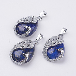 Honeyhandy Natural Lapis Lazuli Pendants, with Brass Finding, Teardrop with Peacock, Platinum, 33x20x10.5mm, Hole: 5x6.5mm