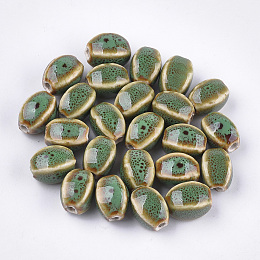 Honeyhandy Handmade Porcelain Beads, Fancy Antique Glazed Porcelain, Oval, Lime Green, 12~14x9~10.5x9~11mm, Hole: 2.5mm