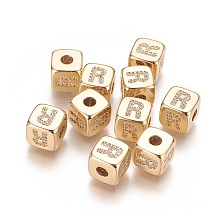 Honeyhandy Brass Micro Pave Cubic Zirconia Beads, Horizontal Hole, Real 18K Gold Plated, Long-Lasting Plated, Cube with Letter, Clear, Letter.R, 9x9x9mm, Hole: 3.5mm