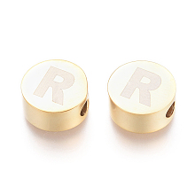 Honeyhandy 304 Stainless Steel Beads, Flat Round with Letter, Letter.R, 10x4.5mm, Hole: 2mm