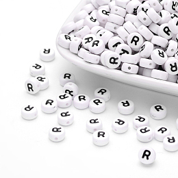 Honeyhandy Acrylic Beads, with Horizontal Hole, Letter, Flat Round, Letter.R, 7x4mm, Hole: 1mm, about 3500pcs/500g