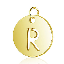 Honeyhandy 304 Stainless Steel Charms, Flat Round with Letter, Golden, Letter.R, 12x1mm, Hole: 2.5mm