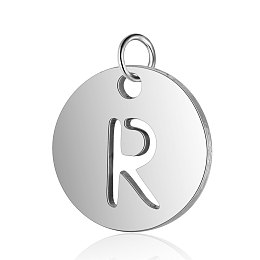 Honeyhandy 304 Stainless Steel Charms, Flat Round with Letter, Stainless Steel Color, Letter.R, 12x1mm, Hole: 2.5mm