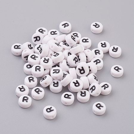 Honeyhandy Flat Round with Letter R Acrylic Beads, with Horizontal Hole, White & Black, Size: about 7mm in diameter, 4mm thick, hole: 1mm