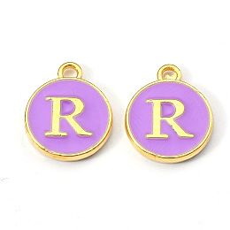 Honeyhandy Golden Plated Alloy Enamel Charms, Enamelled Sequins, Flat Round with Letter, Medium Purple, Letter.R, 14x12x2mm, Hole: 1.5mm