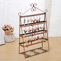Honeyhandy Iron 4-Tier Earring Display Stand, Double-sided Display Stand, for Hanging Earrings, Triangle, Red Copper, 76x210x350mm