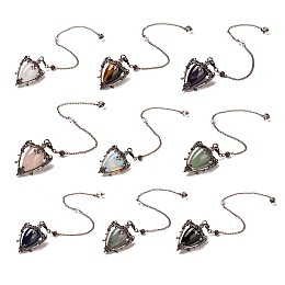 Mixed Gemstone Triangle Dowsing Pendulum Pendants, with Quartz Crystal Round Beads, Rack Plating Alloy Findings & Chains, Cadmium Free & Lead Free, 290mm