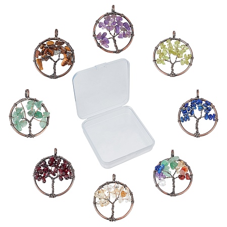 SUNNYCLUE 8Pcs 8 Colors Gemstone Pendants, with Red Copper Brass Findings, Red Copper, Flat Round with Tree of Life, 29x5~7mm, Hole: 4.5mm, 1pc/color