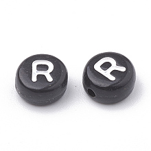 Honeyhandy Opaque Acrylic Beads, Letter Style, Horizontal Hole, Flat Round, Letter.R, 7x4mm, Hole: 1.5mm