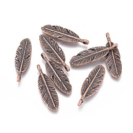 Honeyhandy Tibetan Style Alloy Pendants, Feather, Red Copper, 29.5x9x2mm, Hole: 1.6mm