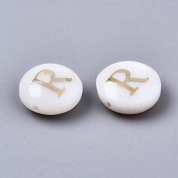 Honeyhandy Natural Freshwater Shell Beads, with Golden Plated Brass Etched Metal Embellishments, Flat Round, Seashell Color, Letter.R, 8x3~5mm, Hole: 0.5~07mm