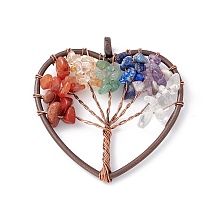 Honeyhandy 7 Chakra Heart Natural Mixed Stone Copper Wire Wrapped Chip Big Pendants, Tree of Life Charm, with Red Copper Tone Iron Findings, 53x52x8mm, Hole: 6.2mm