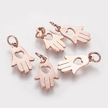 Honeyhandy 304 Stainless Steel Pendants, Hamsa Hand/Hand of Fatima/Hand of Miriam with Heart, Rose Gold, 15x9.5x1mm, Hole: 4mm