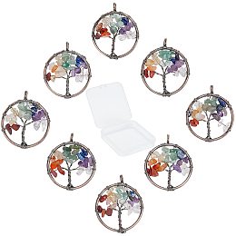 SUNNYCLUE 8Pcs Tree Life Pendant Quartz Crystal Gemstone Pendant Flat Round with Tree of Life Charm Pendants Findings Hole for Jewelry Bracelet Chakra Necklace Making, Red Copper