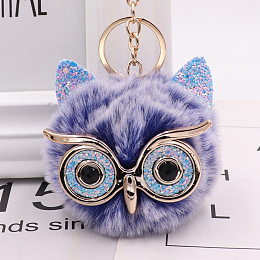 Honeyhandy Pom Pom Ball Keychain, with KC Gold Tone Plated Alloy Lobster Claw Clasps, Iron Key Ring and Chain, Owl, Slate Blue, 12cm