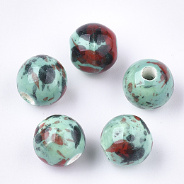 Honeyhandy Handmade Porcelain Beads, Fancy Antique Glazed Porcelain, Round, Colorful, 10.5x9.5mm, Hole: 2.5mm