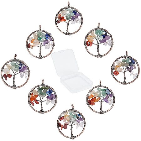 SUNNYCLUE 8Pcs Tree Life Pendant Quartz Crystal Gemstone Pendant Flat Round with Tree of Life Charm Pendants Findings Hole for Jewelry Bracelet Chakra Necklace Making, Red Copper