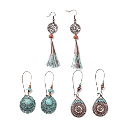 Honeyhandy 3 Pairs 3 Style Alloy Flat Round & Oval & Teardrop Dangle Earrings with Synthetic Turquoise, Big Cotton Tassel Drop Earrings with Wood for Women, Red Copper, 72~100mm, 1 Pair/style