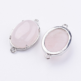 Honeyhandy Brass Natural Rose Quartz Links connectors, Oval, Platinum, 15x26x5.5~7mm, Hole: 1.5~2mm