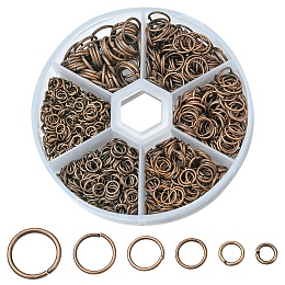 Honeyhandy 1 Box Iron Jump Rings Set, Mixed Sizes, Open Jump Rings, Round Ring, Red Copper, 18~21 Gauge, 4~10x0.7~1mm, Inner Diameter: 2.6~8mm, 10g/size, 6 sizes, about 1000pcs/box