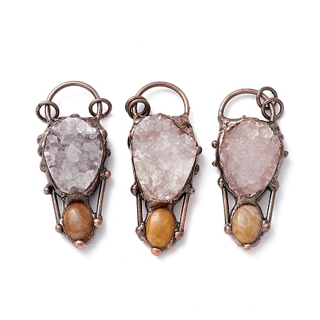 Honeyhandy Natural Druzy Agate and Fossil Coral Big Pendants, with Tin Findings, Lead & Nickel & Cadmium Free, Nuggets, Red Copper, 65.5x27x15.5mm