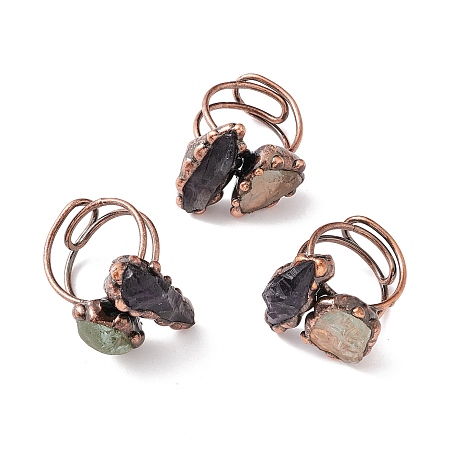Honeyhandy Natural Amethyst & Green Quartz Irregular Nugget Open Cuff Ring, Red Copper Brass Wire Wrap Chunky Ring for Women, Cadmium Free & Lead Free, US Size 10 3/4(20.3mm)