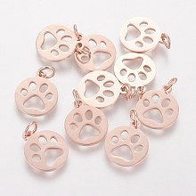 Honeyhandy 304 Stainless Steel Pendants, Flat Round with Dog Paw Prints, Rose Gold, 14x12x1.1mm, Hole: 4mm