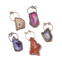 Honeyhandy Natural Dyed Druzy Agate Big Pendants, with Red Copper Tone Brass Findings and Jump Rings, Cadmium Free & Lead Free, Polygon, Mixed Color, 57.5~77x29~45x6~8mm, Hole: 6mm