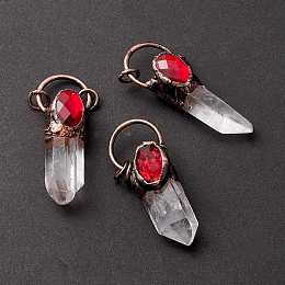 Honeyhandy Natural Quartz Crystal Big Pendants, with Red Glass and Red Copper Tone Tin Findings, Lead & Nickel & Cadmium Free, Nuggets, 58.5x22x15.5mm