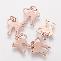 Honeyhandy 201 Stainless Steel Kitten Pendants, Stretch Cat Shape, Rose Gold, 12x12x1mm, Hole: 3mm