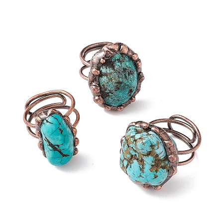 Honeyhandy Synthetic Turquoise Irregular Nugget Open Cuff Ring, Red Copper Brass Wire Wrap Chunky Ring for Women, Cadmium Free & Lead Free, US Size 9(18.9mm)