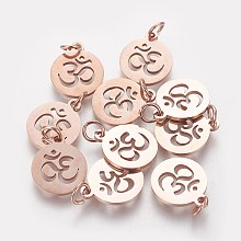 Honeyhandy 304 Stainless Steel Pendants, Flat Round with Om Symbol, Rose Gold, 14x12x1.1mm, Hole: 3mm