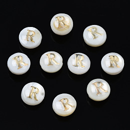 Honeyhandy Natural Freshwater Shell Beads, with Golden Plated Brass Etched Metal Embellishments, Flat Round with Letter, Seashell Color, Letter.R, 6x4mm, Hole: 0.8mm